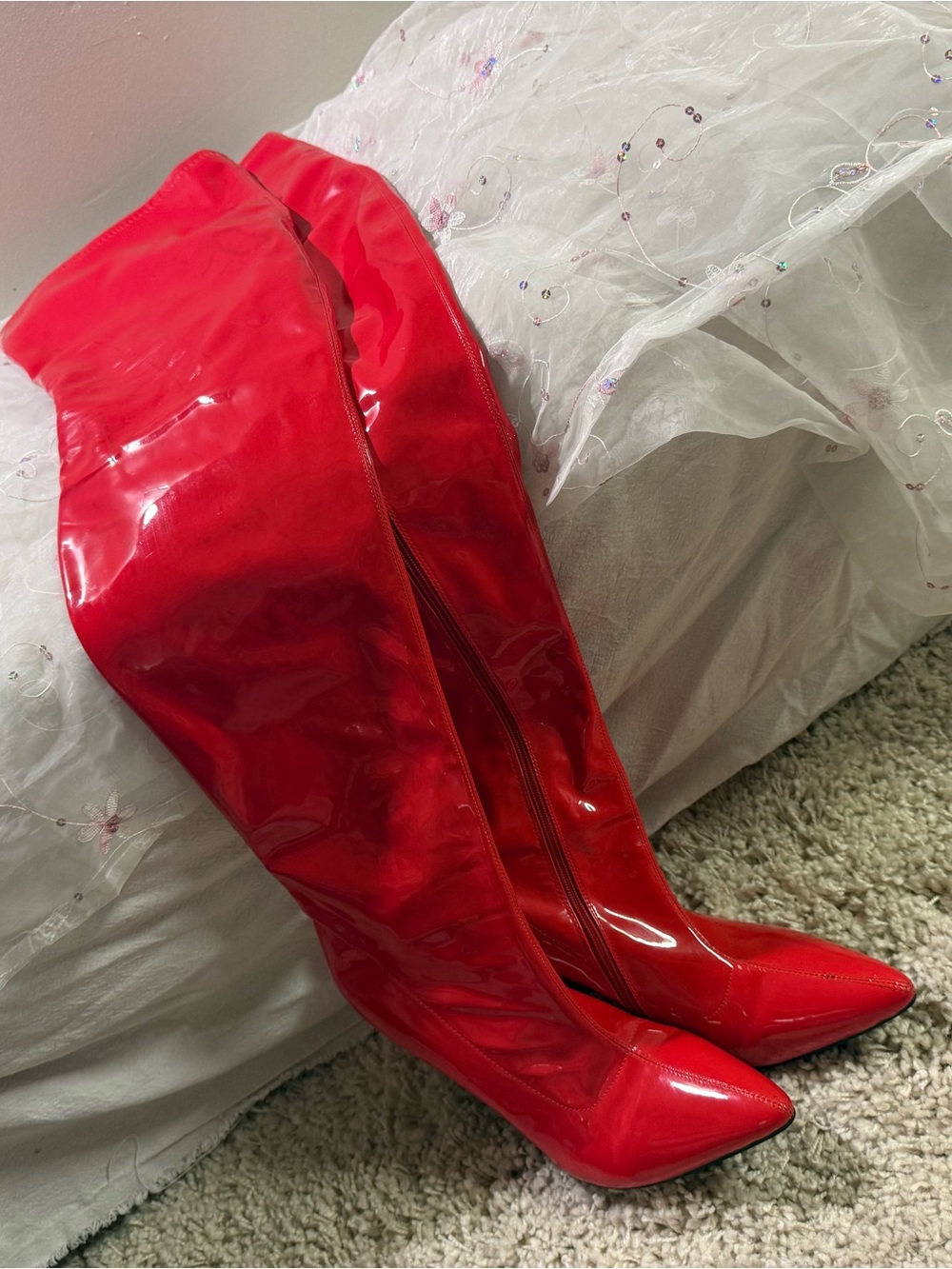 Women’s Red Patent Over-the-Knee Pointed Toe Boots